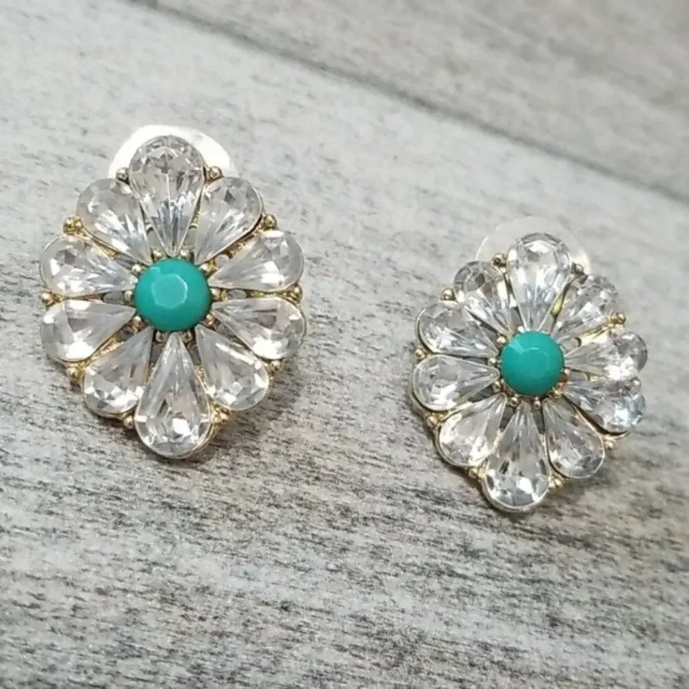 Crystal & Stone Floral Gold Tone Post Earrings NEW